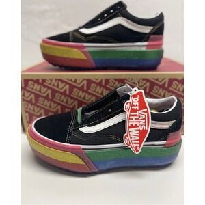 Vans Platform Sneakers Old Skool Stacked‎ Women Size 6 Black Glitter Rainbow New